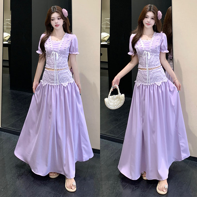 RY3376# 实拍~大码2026夏季新款法式气质绣花蕾丝上衣+大摆半身裙套装女