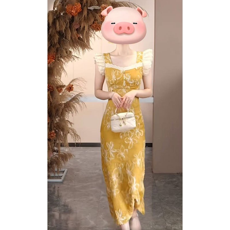 RY4178# 大码2026夏季新款黄色方领连衣裙女长裙时尚高级感裙子