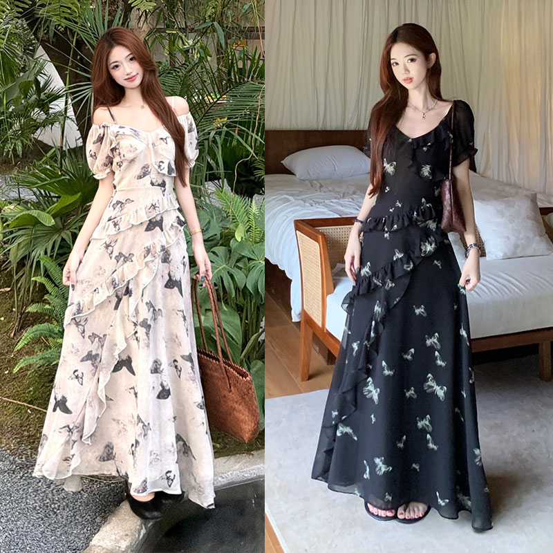 RY4176# 实拍~大码女装夏季不规则印花连衣裙露肩两穿蝴蝶碎花显瘦长裙