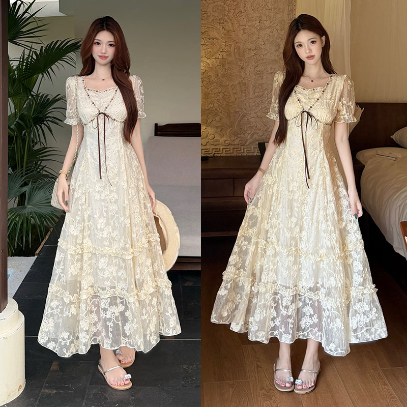 RY4173# 实拍~大码栗色花藤法式温柔风蕾丝连衣裙女泡泡袖收腰显瘦长裙...