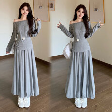 批发松本丧丧2026大码秋季慵懒风长袖上衣半身裙套装女松弛感两件套