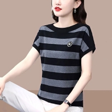 批发短袖t恤女夏季新款宽松显瘦中年<b class='q'>妈妈装</b>宽松打底条纹上衣