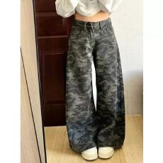 批发美式新款高街工装阔腿迷彩复古牛仔裤女高腰显瘦宽松直筒拖地裤子