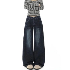 批发蓝灰色美式时尚复古微喇牛仔<b class='q'>裤</b>女秋季新款宽松<b class='q'>显瘦</b>百搭阔腿拖地<b class='q'>裤</b>