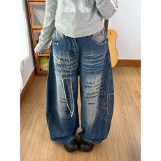 批发高街十字架铆钉贴布工装弯刀<b class='q'>牛仔裤</b>女阔腿长裤宽松慵懒辣妹<b class='q'>休闲</b>裤