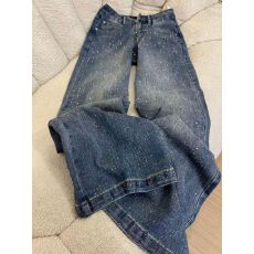 重工复古辣妹满天星烫钻牛仔裤女阔腿秋季新款高腰宽松显瘦拖地裤