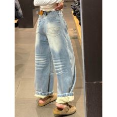 批发冬季新款宽松显瘦直筒拖地裤子加绒高街做旧口袋刺绣阔腿<b class='q'>牛仔裤</b>女