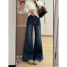 批发美式复古水洗做旧阔腿<b class='q'>牛仔裤</b>女秋冬新款高腰港风显瘦宽松微喇长裤