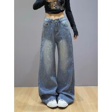 批发秋季设计高腰<b class='q'>显瘦</b>直筒裤复古美式重工满天星<b class='q'>牛仔裤</b>宽松拖地长裤子