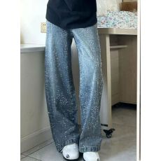 批发<b class='q'>秋</b>季新款满天星爆闪烫钻牛仔裤女美式高街高腰宽松直筒阔腿拖地裤