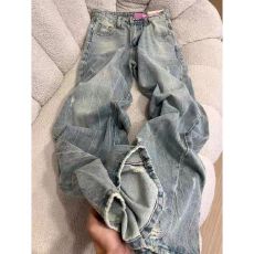 批发复古做旧阔腿破洞牛仔裤女ins磨破线条设计感直筒休闲辣妹阔腿裤