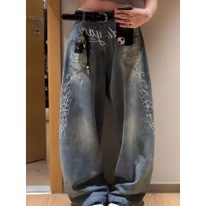 批发美式复古做旧<b class='q'>牛仔裤</b>女2026春季街头个性花朵刺绣阔腿长裤子ins风