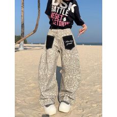 批发美式复古2026年豹纹拼接撞色<b class='q'>阔腿裤</b>女宽松<b class='q'>嘻哈</b>街头风牛仔<b class='q'>裤</b>休闲<b class='q'>裤</b>