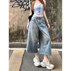 批发美式复古阔腿牛仔七分裤女夏季新款水洗高腰宽松<b class='q'>显瘦</b>百搭休闲短裤