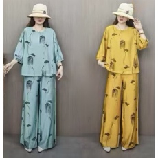 批发夏装中老年<b class='q'>女士</b>T恤<b class='q'>套装</b>妈妈装直筒裤阔腿裤长裤宽松两件套原版