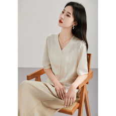 批发新中式 100%醋酸皱感衬衫V领气质短袖小上衣