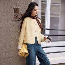 批发法式小香风黄色外套女2026春季新款高级感圆领短款小<b class='q'>西装</b>上衣