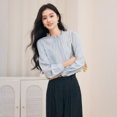 批发2026年秋装法式木耳边<b class='q'>衬衫</b>女含羊毛长袖职场<b class='q'>衬衣</b>雾霾蓝上衣