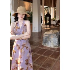 批发度假风挂脖收腰大摆雪纺印花套头A字<b class='q'>连衣裙</b>女