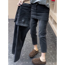 批发2026年春季新款假两件黑灰色牛仔裤女春季高腰显瘦百搭弹力<b class='q'>铅笔裤</b>