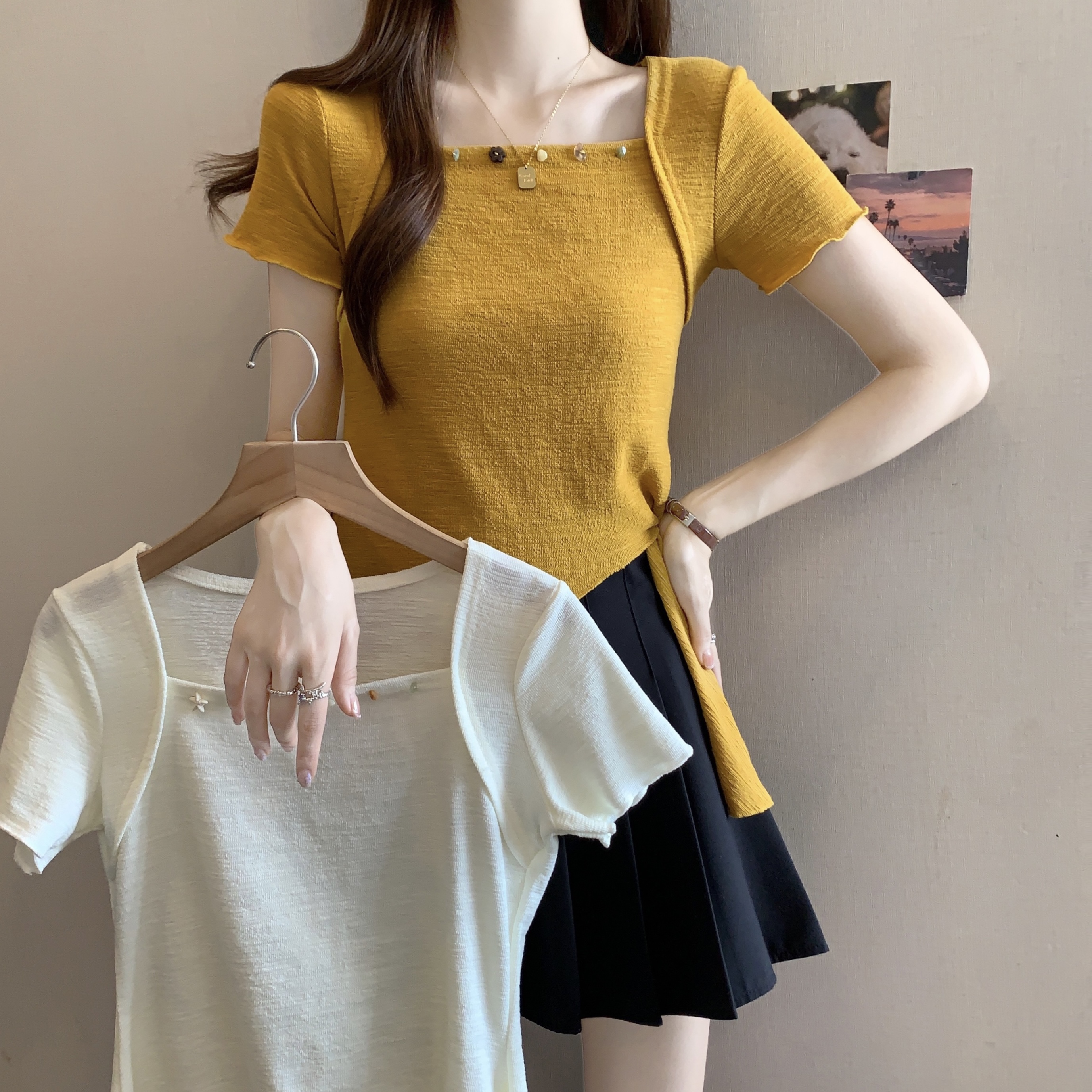 MY7450# 纯欲风辣妹一字肩短袖T恤女夏季新款设计感小众修身显瘦露肩上衣女裝貨源服裝批發