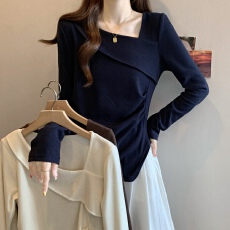 批发不规则斜领长袖t恤女<b class='q'>秋</b>冬季新款大码胖mm打底衫遮肚子纯欲风上衣