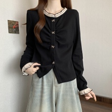 批发法式黑色小香风长袖T恤女2025<b class='q'>秋</b>季新款蕾丝拼接正肩体恤短款上衣