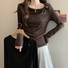 批发实拍大码不规则设计感长袖T恤女<b class='q'>秋</b>冬大码胖MM修身内搭上衣打底衫