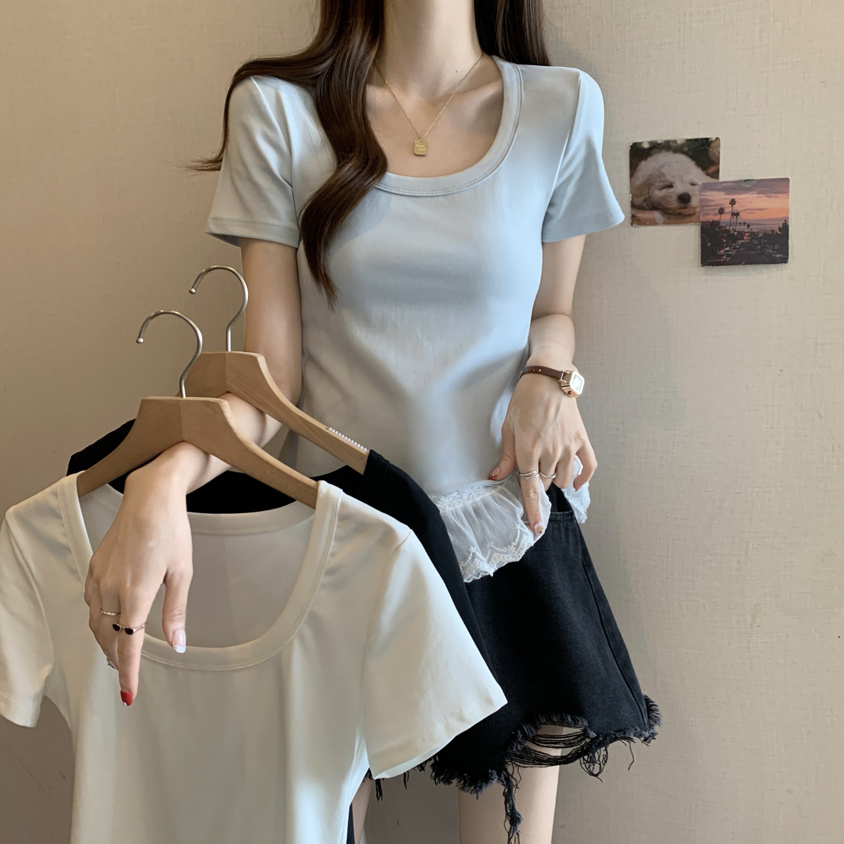 RY1371# 实拍大码~U领T恤短袖女甜美风下摆蕾丝修身气质显瘦百搭打底...