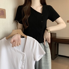 批发不规则<b class='q'>V领</b>正肩短袖<b class='q'>T</b><b class='q'>恤</b>女夏季大码微胖mm独特别致小衫显瘦短款上衣