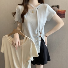 不规则褶皱飘带上衣女2026夏新款独特设计感收腰开叉正肩短袖t恤