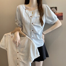 批发韩系优雅温柔风褶皱设计短袖衬衫女2026夏季新款气质百搭显瘦衬衣