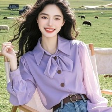 批发今年流行爆款独特超好看紫色领结长袖<b class='q'>衬衫</b>女2025春季新款时髦上衣
