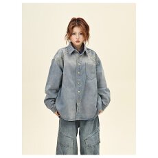 批发2025春秋新款美式潮牌翻领复古铆钉牛仔<b class='q'>衬衫</b>痞帅外套男女开衫上衣