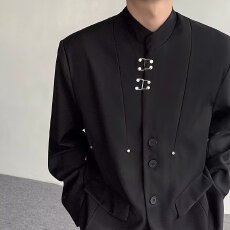 批发黑色垫肩西装外套<b class='q'>男</b>秋季新中式中国风小众立领<b class='q'>西服</b>高级中山装