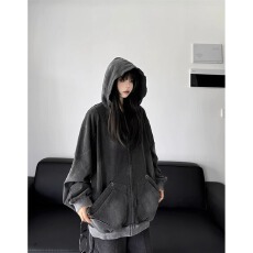 批发美式复古水洗做旧连帽拉链<b class='q'>卫衣</b><b class='q'>男</b>女2025秋季新款宽松百搭外套上衣