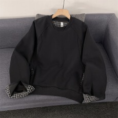 批发秋季百搭复古重磅500g袖口拼接格子布短款圆领卫衣<b class='q'>男</b>女长袖上衣服