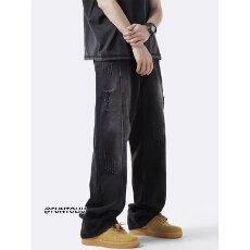 批发<b class='q'>黑色</b>做旧<b class='q'>牛仔裤</b>男款夏季潮牌宽松百搭直筒裤vibe高街破洞阔腿裤子