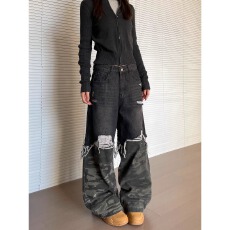 批发巴黎风格高街做旧破坏拼接潮牌迷彩<b class='q'>牛仔裤</b>baggy宽松直筒阔腿长裤