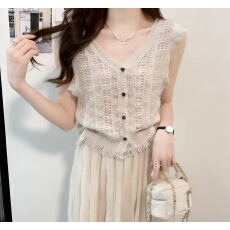 已出货  夏季新款钩花镂空重工珠片刺绣蕾丝马甲百搭短袖两件套