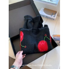 批发已出货 韩国chic大樱桃刺绣加厚毛衣女秋冬宽松圆领百搭针织衫