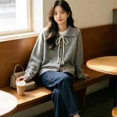 批发已出货 韩国chic红色针织开衫女早秋系带毛衣外套<b class='q'>宽松</b>上衣