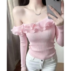批发已出货 韩国chic 荷花边斜领秋冬新修身显瘦针织上衣淑女粉嫩