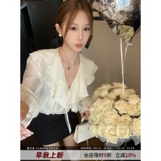 批发夏天家 [天丝醋酸]法式甜美双层荷叶边V领系带珍珠<b class='q'>长袖</b><b class='q'>衬衫</b>女上衣
