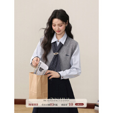 批发张汽水早秋一整套穿搭女蓝色内搭<b class='q'>长袖</b>衬衫毛织马甲背心上衣两件套