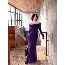 批发【双11】酒午自制【紫风铃】港风复古秋<b class='q'>冬</b>新款一字肩鱼尾连衣裙