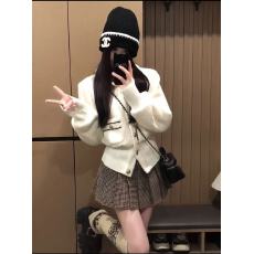 批发小香风高级感收腰保暖开衫外套上衣小个子格纹半身裙百褶短裙套装