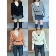 批发SweetKiki 掐腰小毛衣 交叉V领针织衫收腰气质百搭上衣长袖轻熟风