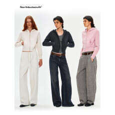 批发Northbutsouth 绵羊毛罗纹拼接前插袋拉链连帽<b class='q'>短款</b>针织<b class='q'>卫衣</b>