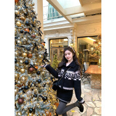 陈佳楠费尔岛雪夜圣诞节日特辑 翻领提花毛衣/短裙时尚套装女